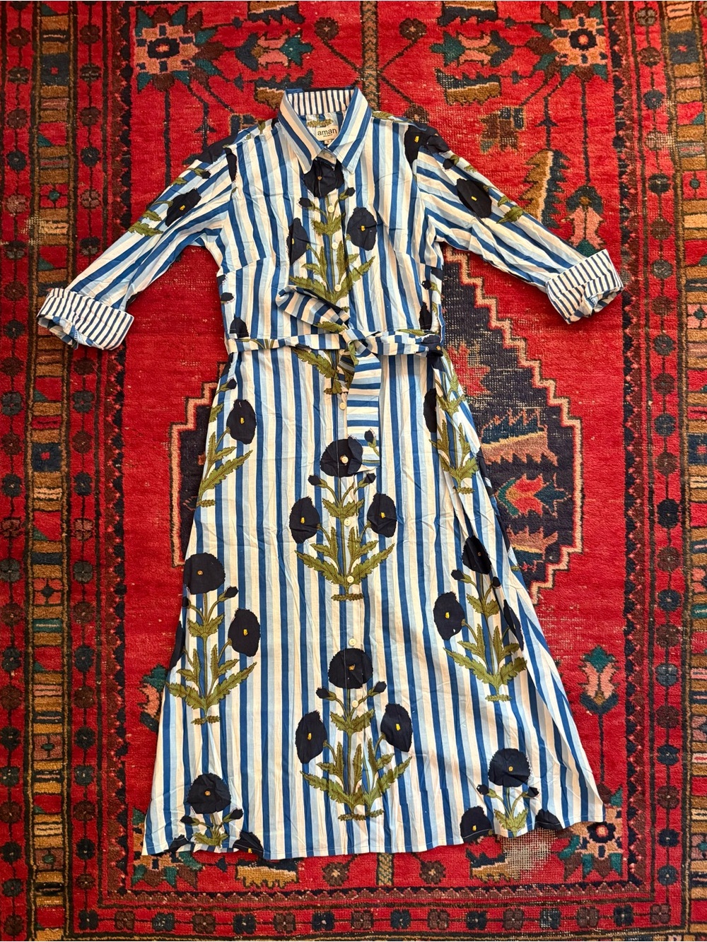 AMAN Floral Shirtdress - Blue White Flowers - Small XS - Made in Lamu, Kenya